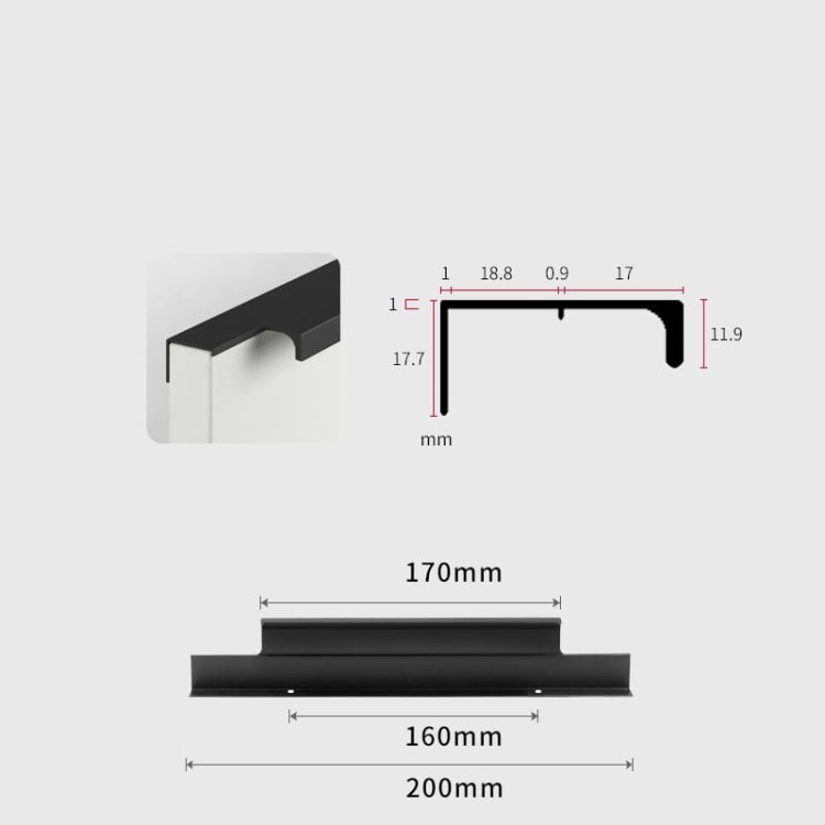 Czarny matowy uchwyt nawierzchniowy Bonito z aluminium, rozstaw 160 mm do szafek i szuflad