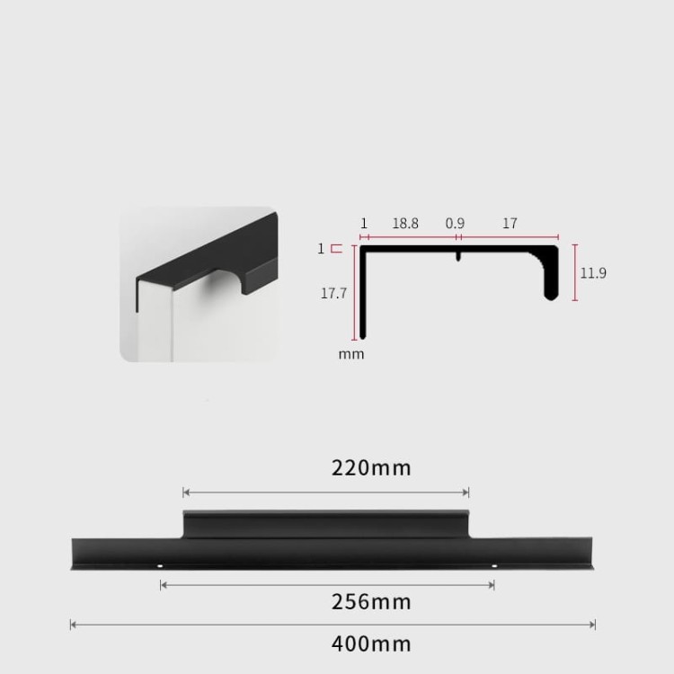 Czarny matowy uchwyt meblowy Bonito z aluminium, rozstaw 256 mm do komód i szuflad