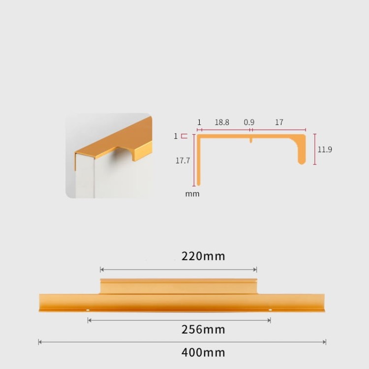 Möbelgriff Bonito – aufliegender Aluminiumgriff mit Frontmontage in Schwarz oder Champagnergold. Größen 160, 192, 256, 480 und 960 mm. Ideal für Küche, Schränke, Schubladen und Garderobe – egriffe.at