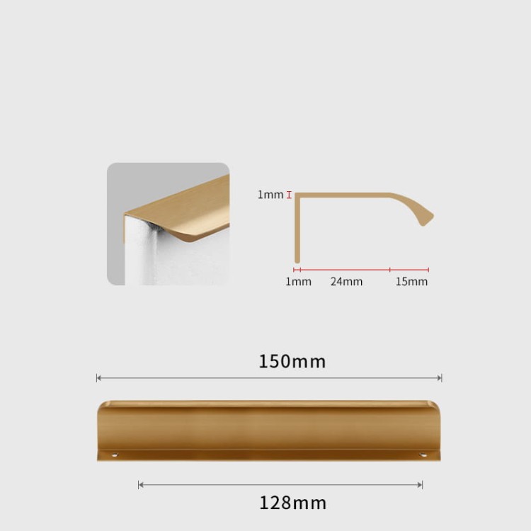 Złoty kawowy uchwyt meblowy krawędziowy Antonio – rzut z wymiarami otworów 128 mm