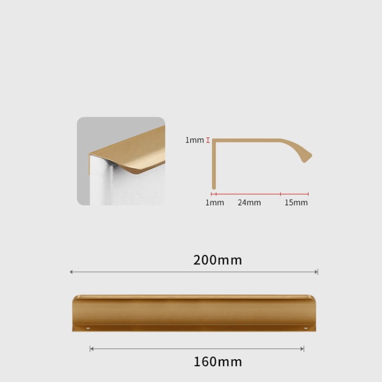 Möbelgriff Antonio – Kantengriff mit ergonomisch abgerundeter Front in gebürstetem Gold, Kaffeegold, Schwarz, Weiß und Grau. Ideal für moderne Küchen- und Wohnmöbel – egriffe.at