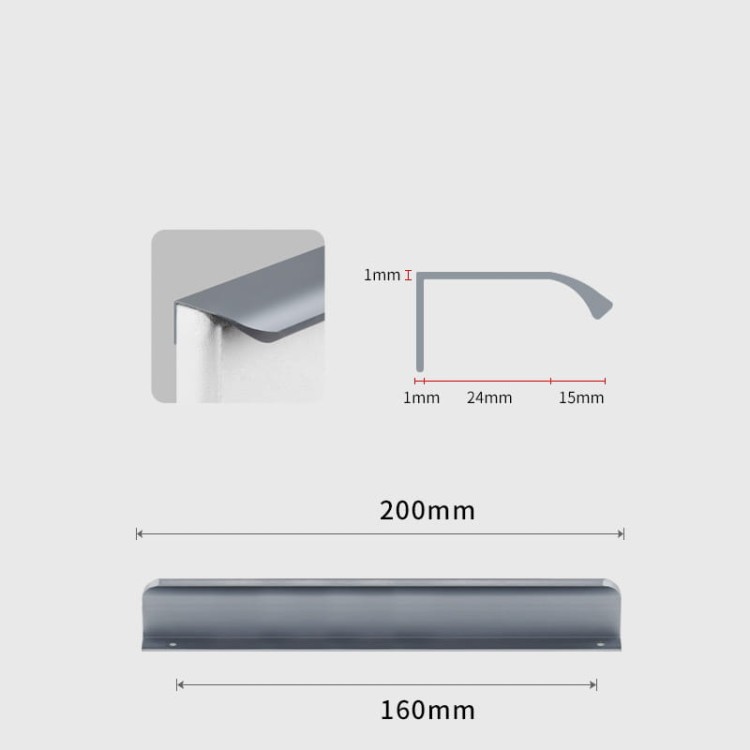 Szary krawędziowy uchwyt meblowy Antonio o ergonomicznym profilu – wymiary techniczne 160 mm