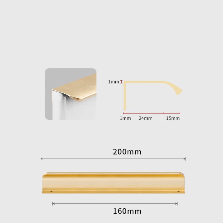 Möbelgriff Antonio – Kantengriff mit ergonomisch abgerundeter Front in gebürstetem Gold, Kaffeegold, Schwarz, Weiß und Grau. Ideal für moderne Küchen- und Wohnmöbel – egriffe.at