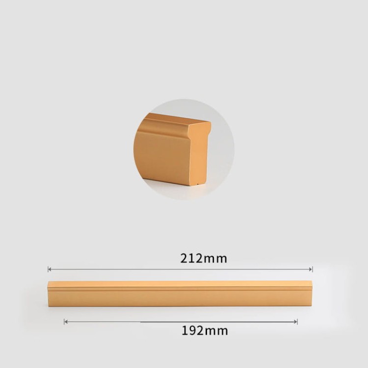 Möbelgriff Jimba – rechteckiger linearer Aluminiumgriff in Schwarz, gebürstetem Gold und Champagnergold. Lochabstände: Einzelbohrung, 96, 128, 192, 320, 576 und 768 mm – egriffe.at