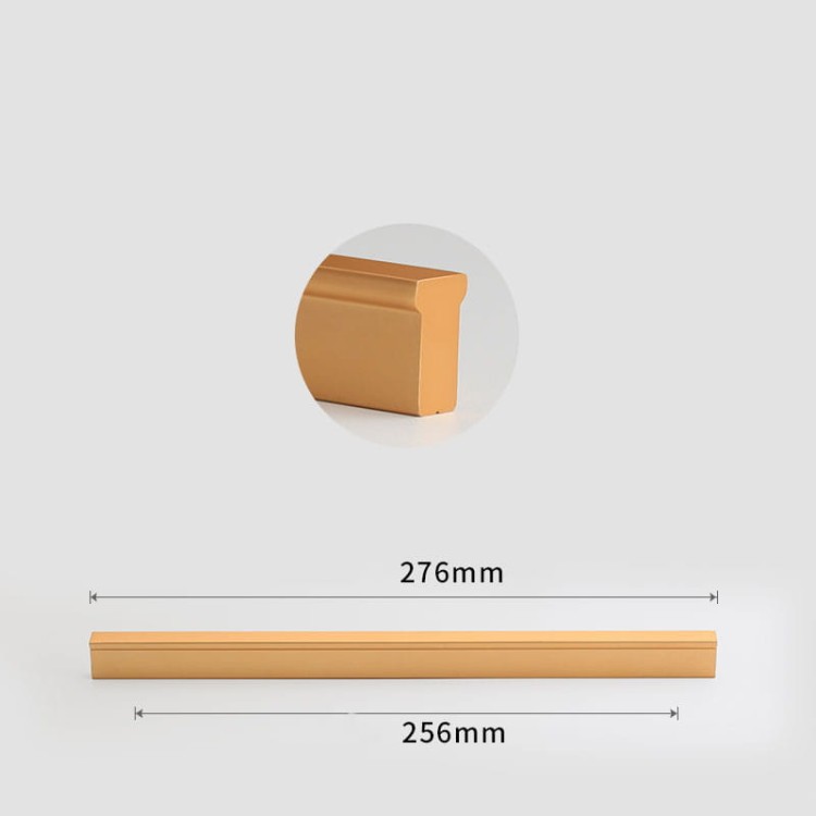 Möbelgriff Jimba – rechteckiger linearer Aluminiumgriff in Schwarz, gebürstetem Gold und Champagnergold. Lochabstände: Einzelbohrung, 96, 128, 192, 320, 576 und 768 mm – egriffe.at