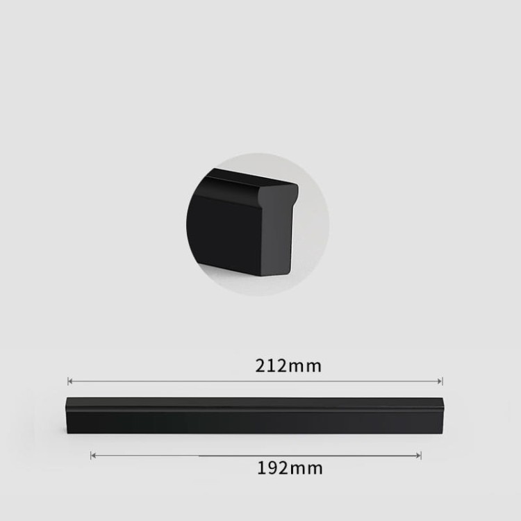 Möbelgriff Jimba – rechteckiger linearer Aluminiumgriff in Schwarz, gebürstetem Gold und Champagnergold. Lochabstände: Einzelbohrung, 96, 128, 192, 320, 576 und 768 mm – egriffe.at