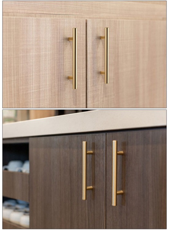 Möbelgriff Uno – T-Bar-Griff mit rundem Profil in Schwarz und gebürstetem Gold. Erhältlich als T-Bar-Knopf sowie in 96, 128, 160, 256, 512 und 850 mm – egriffe.at