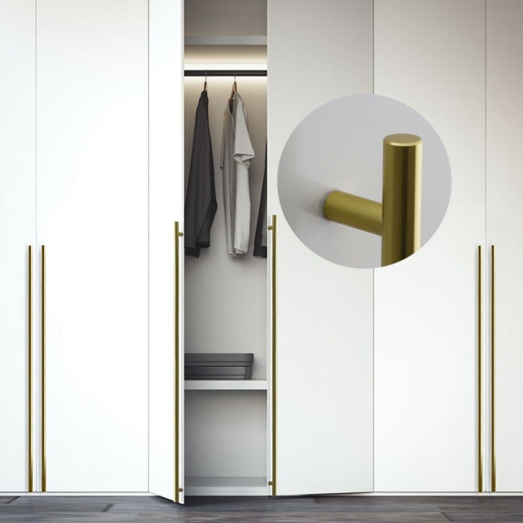 Möbelgriff Uno – T-Bar-Griff mit rundem Profil in Schwarz und gebürstetem Gold. Erhältlich als T-Bar-Knopf sowie in 96, 128, 160, 256, 512 und 850 mm – egriffe.at