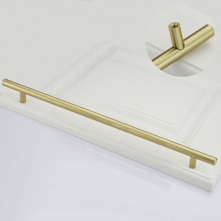 Möbelgriff Uno – T-Bar-Griff mit rundem Profil in Schwarz und gebürstetem Gold. Erhältlich als T-Bar-Knopf sowie in 96, 128, 160, 256, 512 und 850 mm – egriffe.at