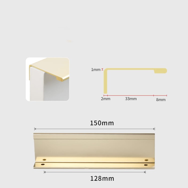 Möbelgriff Tres – aufliegender Aluminiumgriff, von vorn verschraubt, mit schlanker gerader Linie für moderne Fronten ohne Fräsung. Farben: Mattschwarz und gebürstetes Gold, Lochabstände 128, 160 und 192 mm – egriffe.at