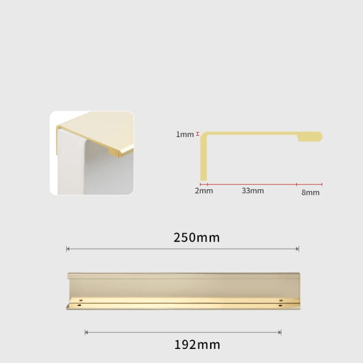 Möbelgriff Tres – aufliegender Aluminiumgriff, von vorn verschraubt, mit schlanker gerader Linie für moderne Fronten ohne Fräsung. Farben: Mattschwarz und gebürstetes Gold, Lochabstände 128, 160 und 192 mm – egriffe.at