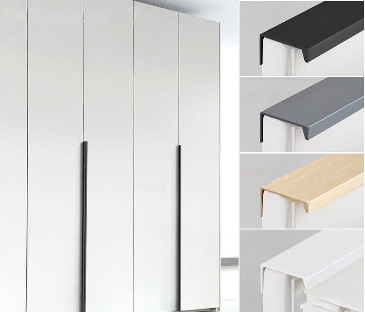 Möbelgriff Dimas – Kantengriff für Schränke und Schubladen in Schwarz, Weiß, Grau, Silber und gebürstetem Gold. Moderner Griff für Möbelfronten, erhältlich im Shop egriffe.at.