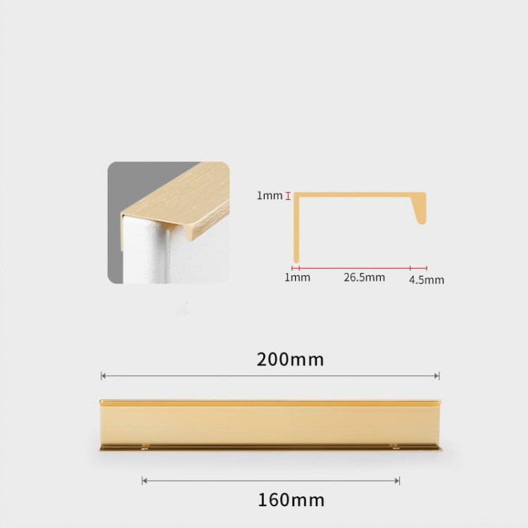Goldener Dimas-Kantengriff für Möbel mit schlichter, minimalistischer Kante und 160 mm Lochabstand
