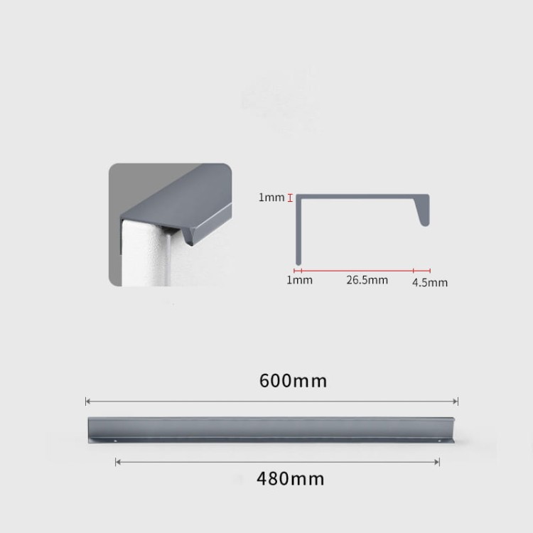 Länglicher grauer Dimas-Kantengriff mit matter Metalloberfläche und 480 mm Lochabstand