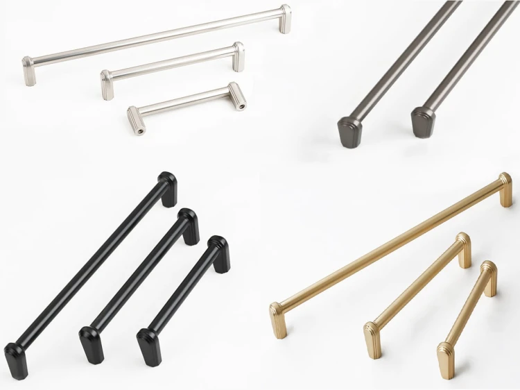 Länglicher Möbelgriff Arriba und Möbelknopf in Schwarz, Gold, Nickel und Grau