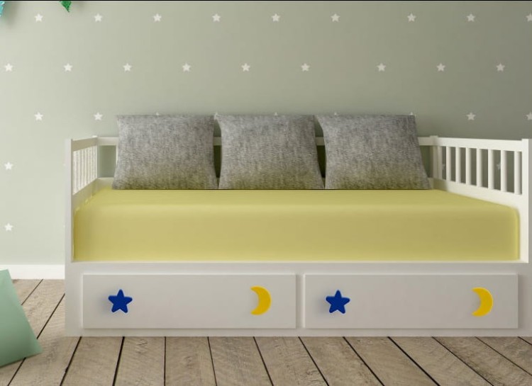 Kinder-Möbelgriff Luna – gelber und blauer Möbelknopf in Mondform für Schränke und Kommoden im Kinderzimmer, erhältlich im Shop egriffe.at