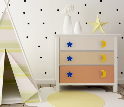 Uchwyt do mebli dziecięcych Star – żółta i niebieska gałka w kształcie gwiazdki do szafek i komód w pokoju dziecka, sklep euchwyty.pl