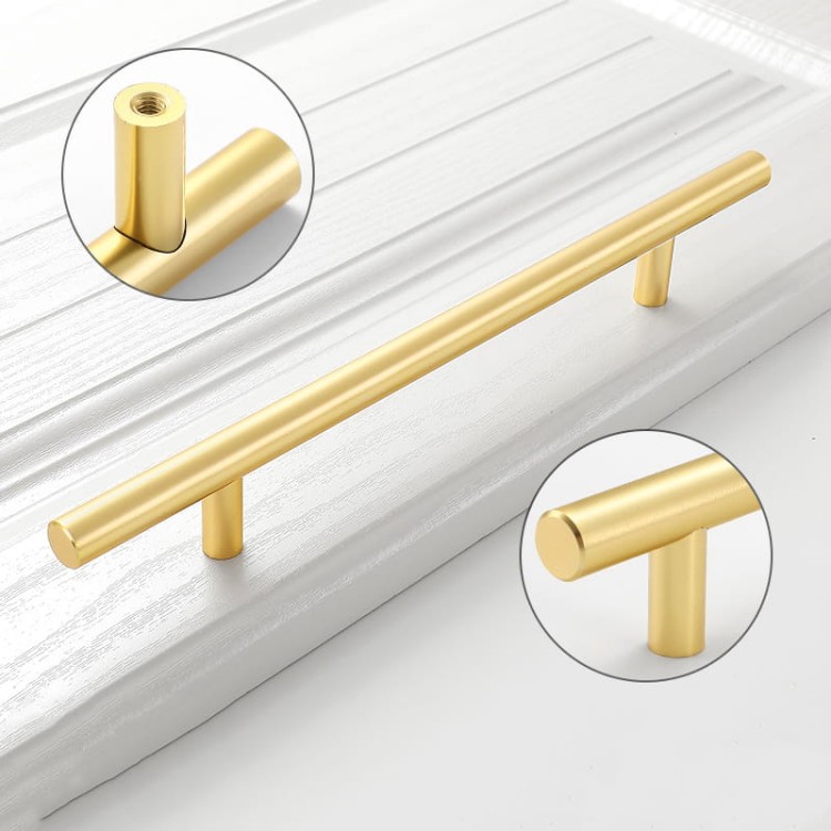 Möbelgriff Alma – schlichter zylindrischer T-Bar-Griff in Gold, Champagnergold oder Schwarz, passend für moderne und klassische Interieurs. Viele Größen für Kommoden, Schränke, Garderoben und Badmöbel.