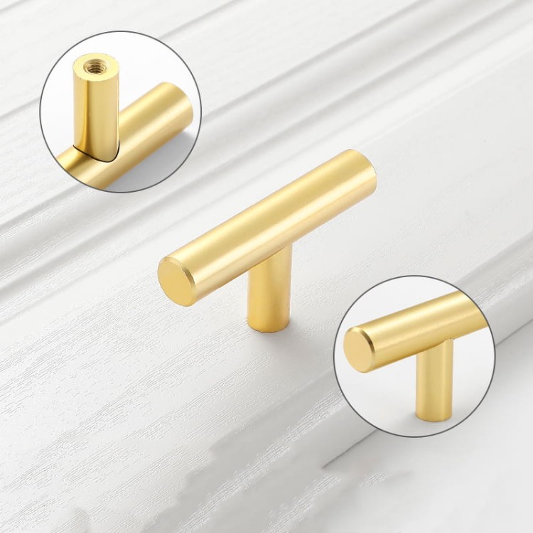 Möbelgriff Alma – schlichter zylindrischer T-Bar-Griff in Gold, Champagnergold oder Schwarz, passend für moderne und klassische Interieurs. Viele Größen für Kommoden, Schränke, Garderoben und Badmöbel.