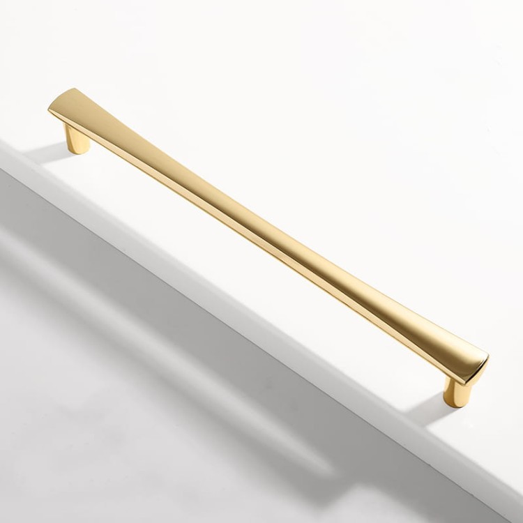 Möbelgriff Tuse – schlanker moderner Griff in Gold und Perlgrau, erhältlich in 128 mm, 192 mm sowie als Knopf. Ideal für elegante Küchenmöbel, Schubladen, Kommoden und Garderoben im klassischen oder modernen Stil.