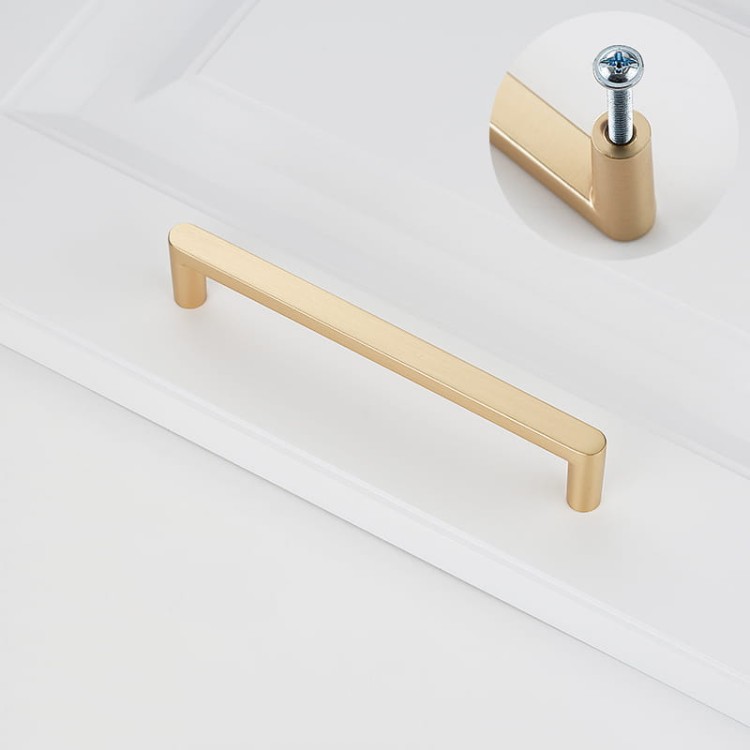 Möbelgriff Vega – moderner minimalistischer Griff in Schwarz, gebürstetem Gold, gebürstetem Nickel und Perlgrau. Größen 128–256 mm, ideal für Küche, Kommoden, Schränke, Garderobe und Bad.