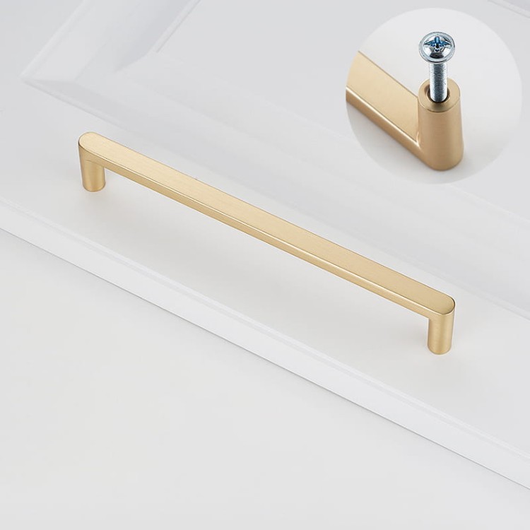 Möbelgriff Vega – moderner minimalistischer Griff in Schwarz, gebürstetem Gold, gebürstetem Nickel und Perlgrau. Größen 128–256 mm, ideal für Küche, Kommoden, Schränke, Garderobe und Bad.