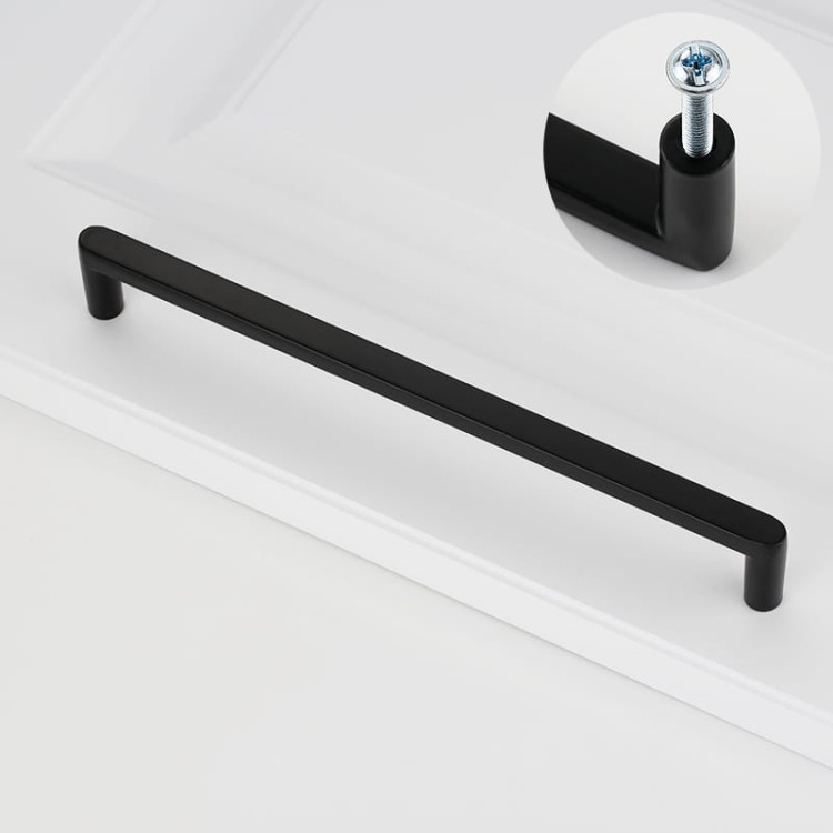 Möbelgriff Vega – moderner minimalistischer Griff in Schwarz, gebürstetem Gold, gebürstetem Nickel und Perlgrau. Größen 128–256 mm, ideal für Küche, Kommoden, Schränke, Garderobe und Bad.