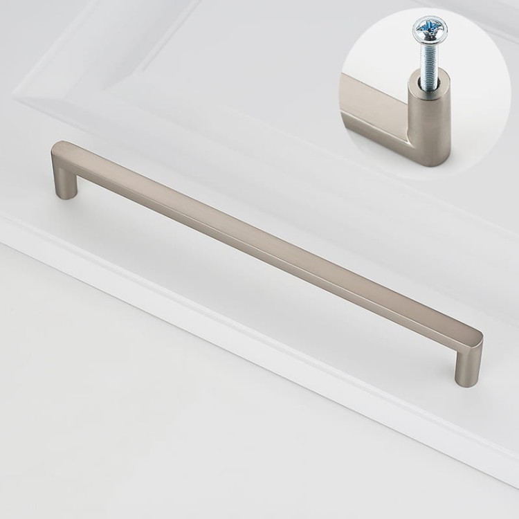 Möbelgriff Vega – moderner minimalistischer Griff in Schwarz, gebürstetem Gold, gebürstetem Nickel und Perlgrau. Größen 128–256 mm, ideal für Küche, Kommoden, Schränke, Garderobe und Bad.
