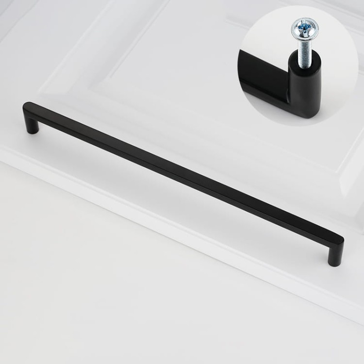 Möbelgriff Vega – moderner minimalistischer Griff in Schwarz, gebürstetem Gold, gebürstetem Nickel und Perlgrau. Größen 128–256 mm, ideal für Küche, Kommoden, Schränke, Garderobe und Bad.